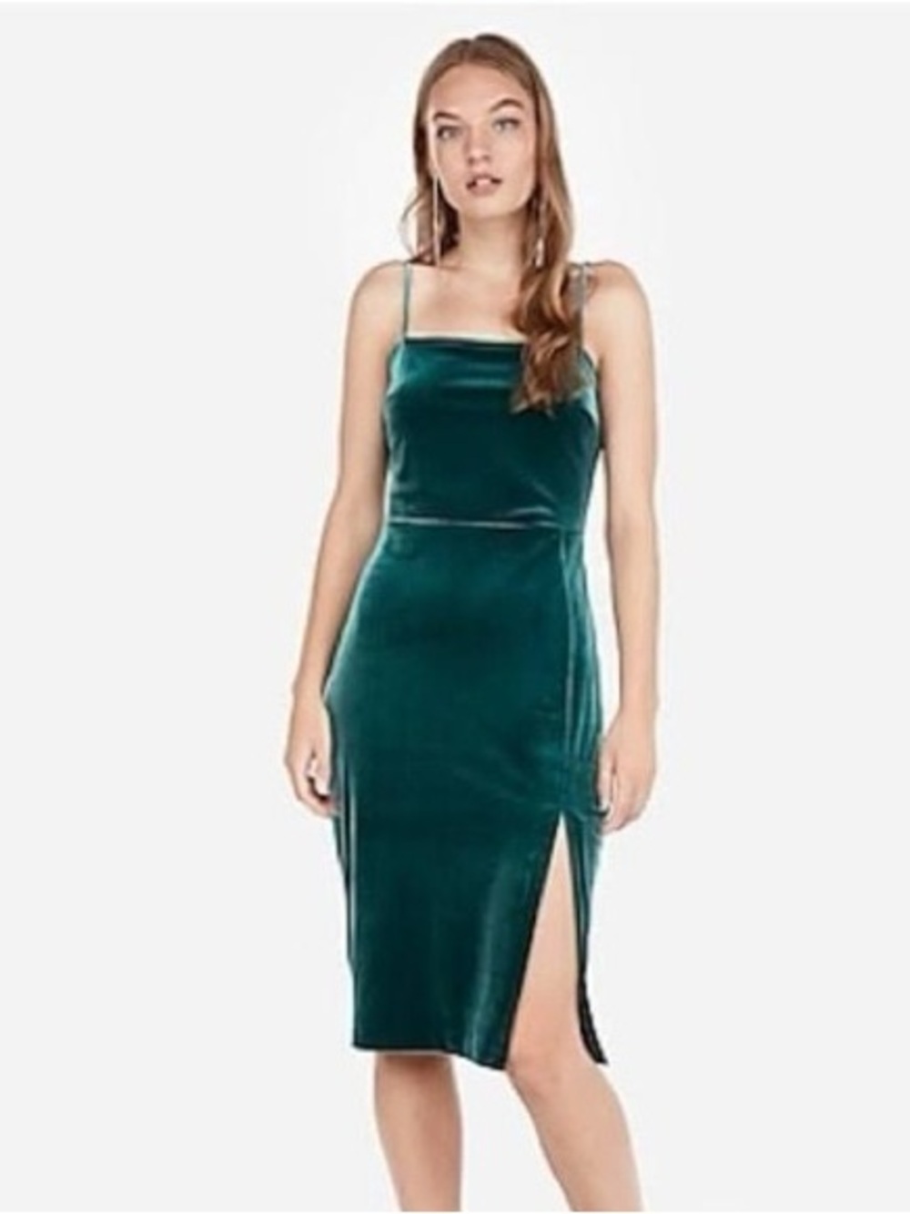 Express Square Neck Front Slit Sleeveless Emerald Green Velvet Dress M Medium